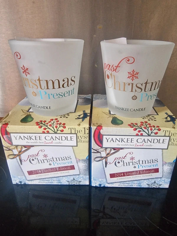 Vintage Yankee Candle 2014 "Christmas Present" Frosted Votive Holders (Set of 2)