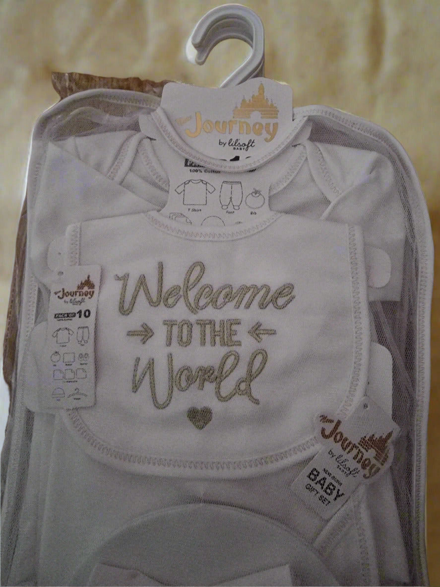 Newborn Baby Gift Set – ‘Welcome to the World’ Edition (10-Piece, 100% Cotton) Gold Lettering