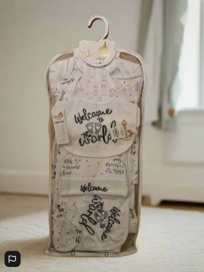 Welcome to the World" Footprint Design – 10-Piece Baby Gift Set (100% Cotton)