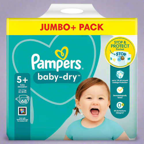 68 x Pampers Baby-Dry Nappies Size 5+ Jumbo+ with 3 Air Channels, up to 12 Hours