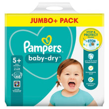 Load image into Gallery viewer, 68 x Pampers Baby-Dry Nappies Size 5+ Jumbo+ with 3 Air Channels, up to 12 Hours