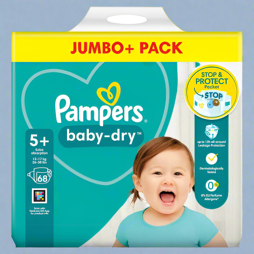 68 x Pampers Baby-Dry Nappies Size 5+ Jumbo+ with 3 Air Channels, up to 12 Hours