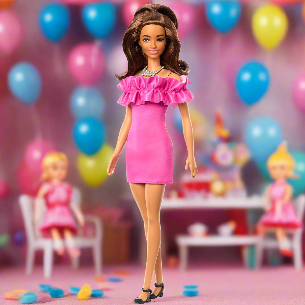 Barbie Fashionista Doll with Brown Wavy Hair and Pink Ruffle Dress