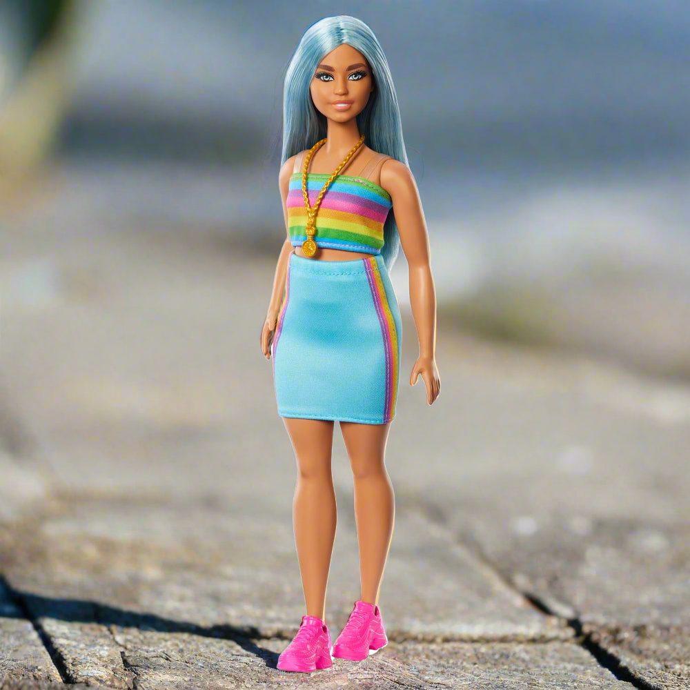 Barbie Fashionista Doll 218 with Blue Hair & Rainbow Top