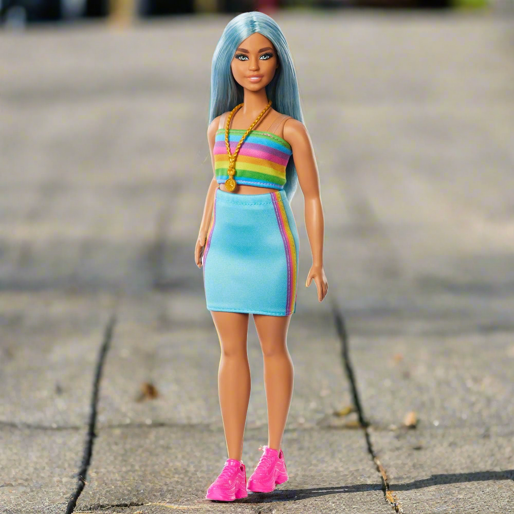 Barbie Fashionista Doll 218 with Blue Hair & Rainbow Top