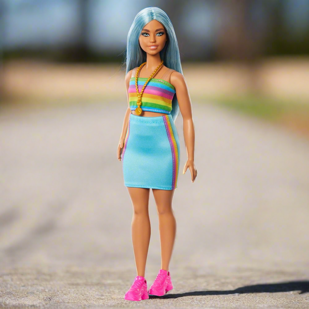 Barbie Fashionista Doll 218 with Blue Hair & Rainbow Top