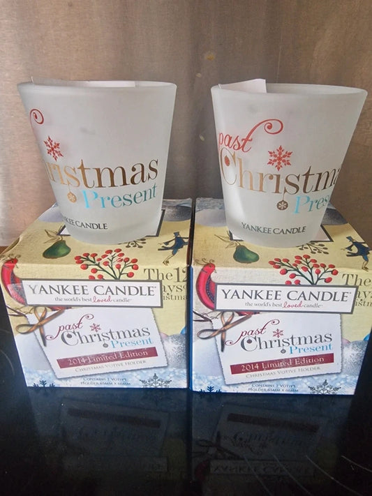Vintage Yankee Candle 2014 "Christmas Present" Frosted Votive Holders (Set of 2)