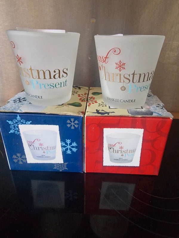 Vintage Yankee Candle 2014 "Christmas Present" Frosted Votive Holders (Set of 2)
