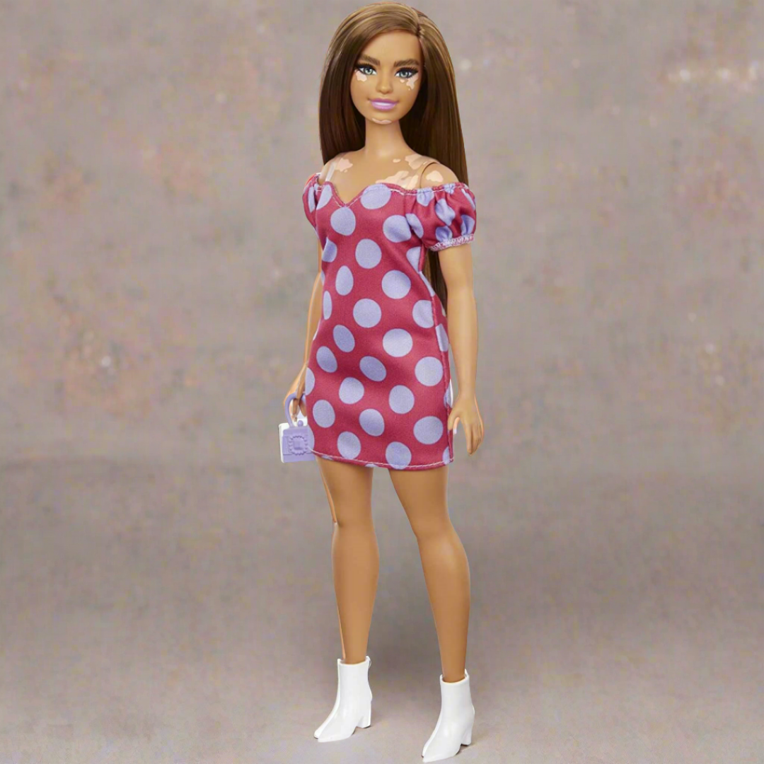 Barbie Fashionistas Doll Curvy Vitiligo Long Brunette Hair Polka Dot Dress