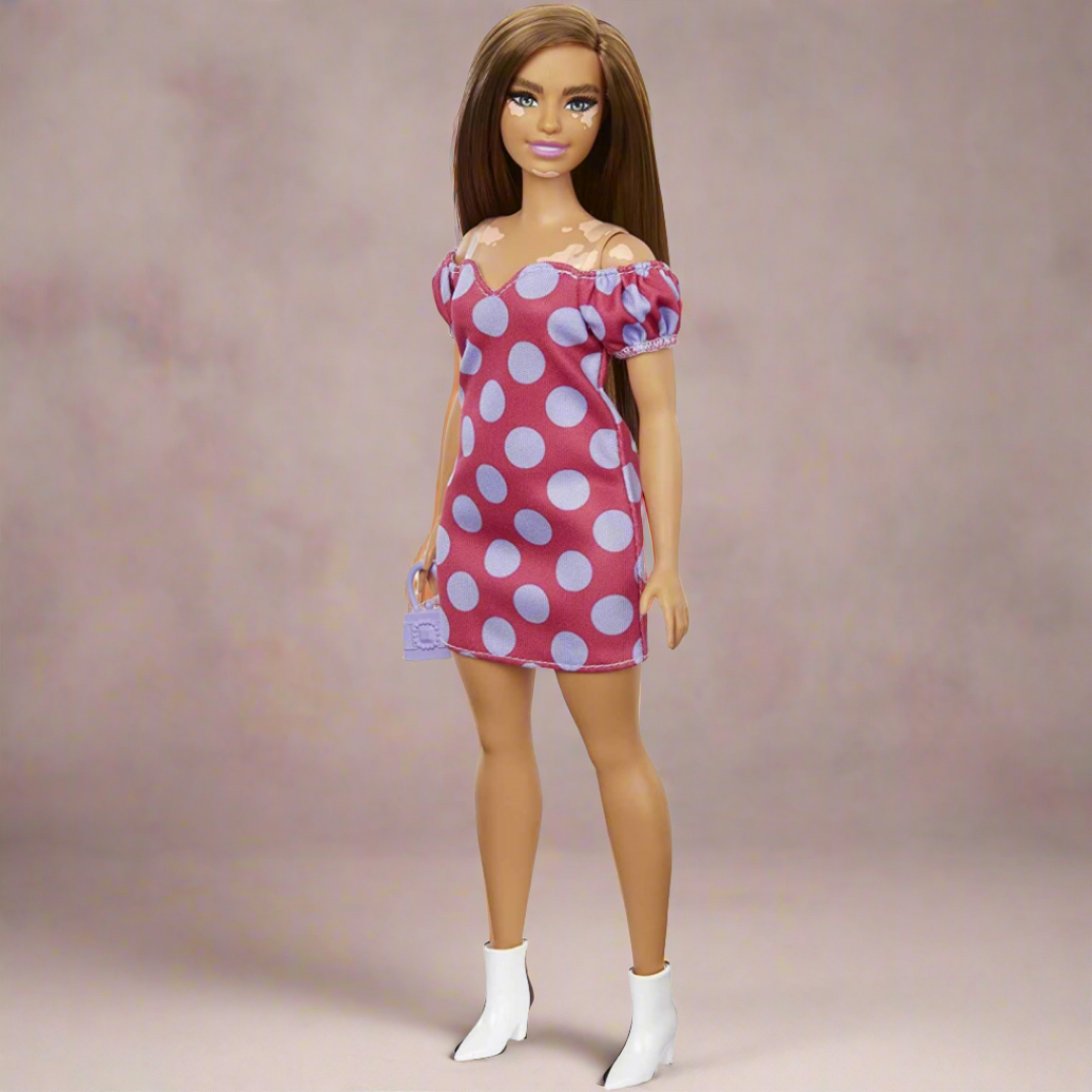 Barbie Fashionistas Doll Curvy Vitiligo Long Brunette Hair Polka Dot Dress