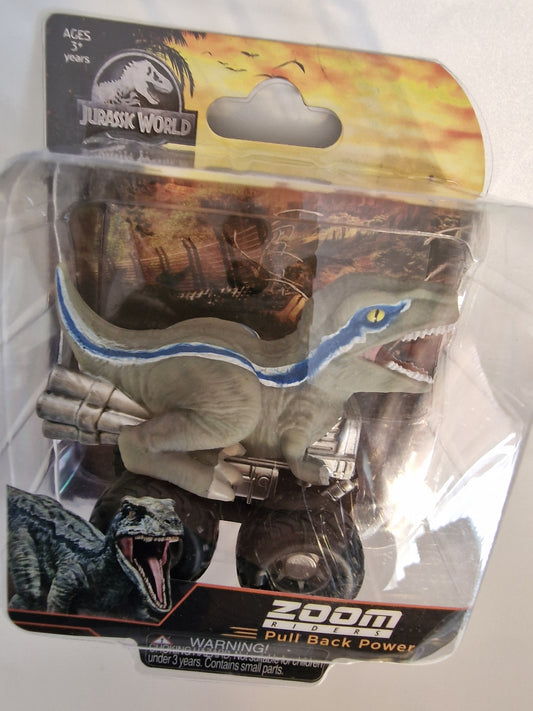 Jurassic World Blue Velociraptor Zoom Riders Pull Back Dino Car Toy NEW