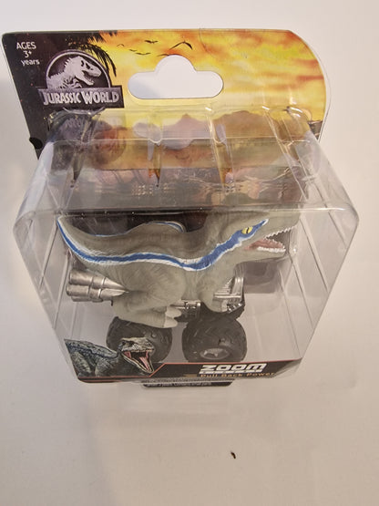Jurassic World Blue Velociraptor Zoom Riders Pull Back Dino Car Toy NEW