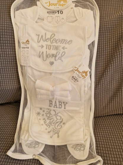 Lilsoft 'New Journey' 10-Piece Luxury Cotton Baby Gift Set – Unisex White & Silver