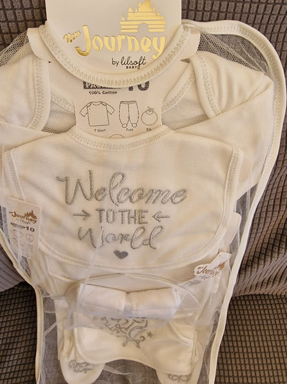 Lilsoft 'New Journey' 10-Piece Luxury Cotton Baby Gift Set – Unisex White & Silver
