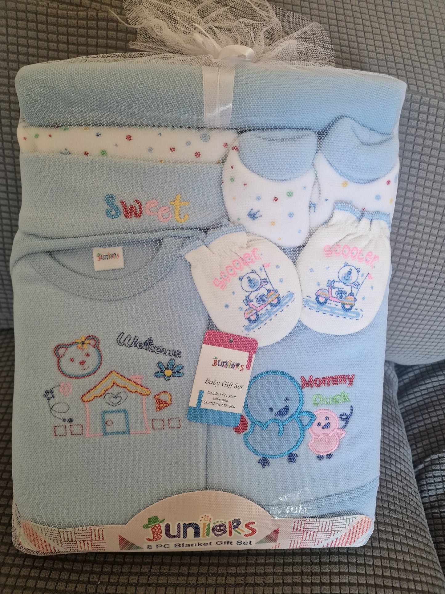 Juniors 8-Piece Newborn Baby Boy Gift Set – Blue "Mommy Duck" & Scooter Theme