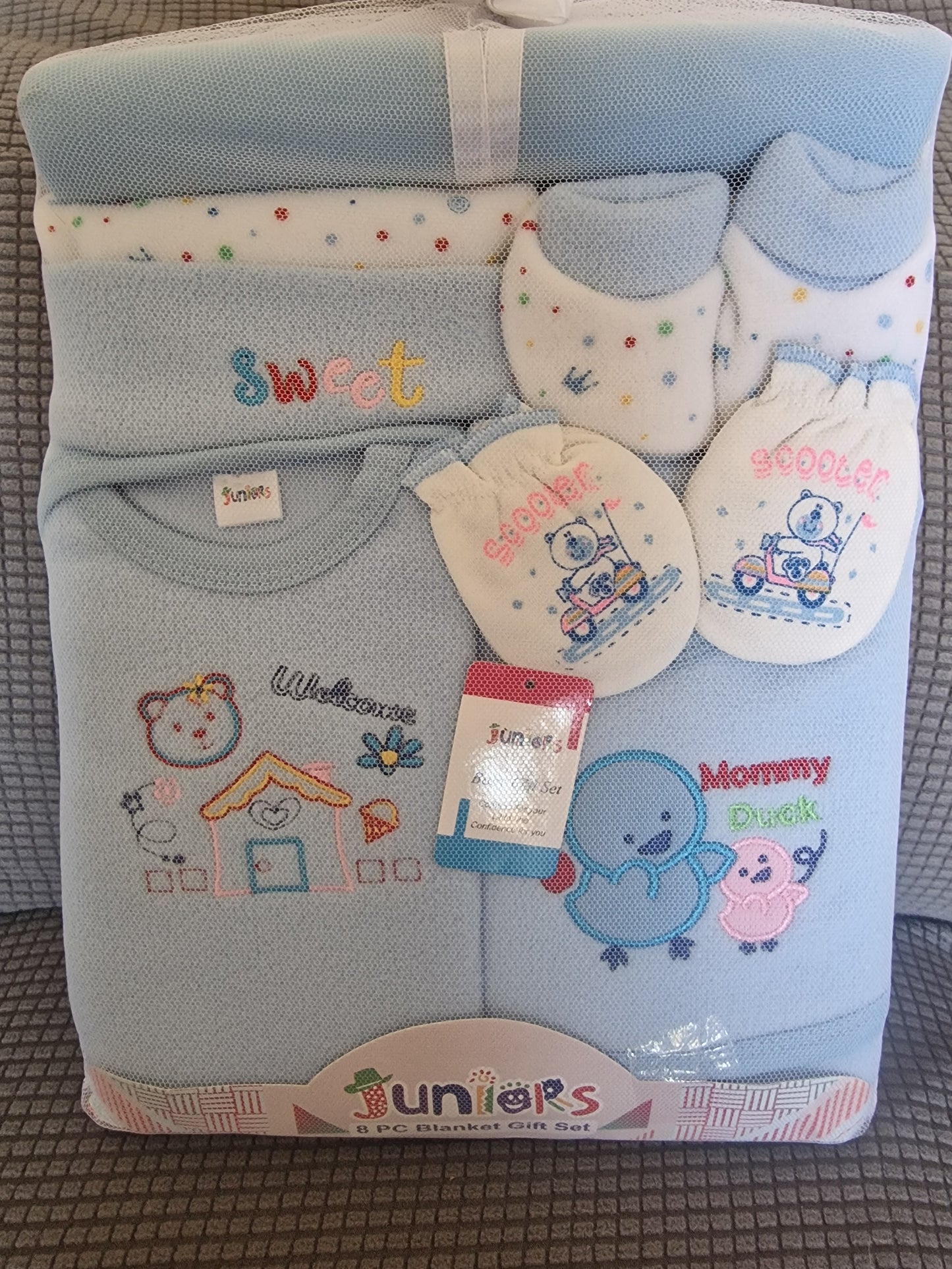 Juniors 8-Piece Newborn Baby Boy Gift Set – Blue "Mommy Duck" & Scooter Theme