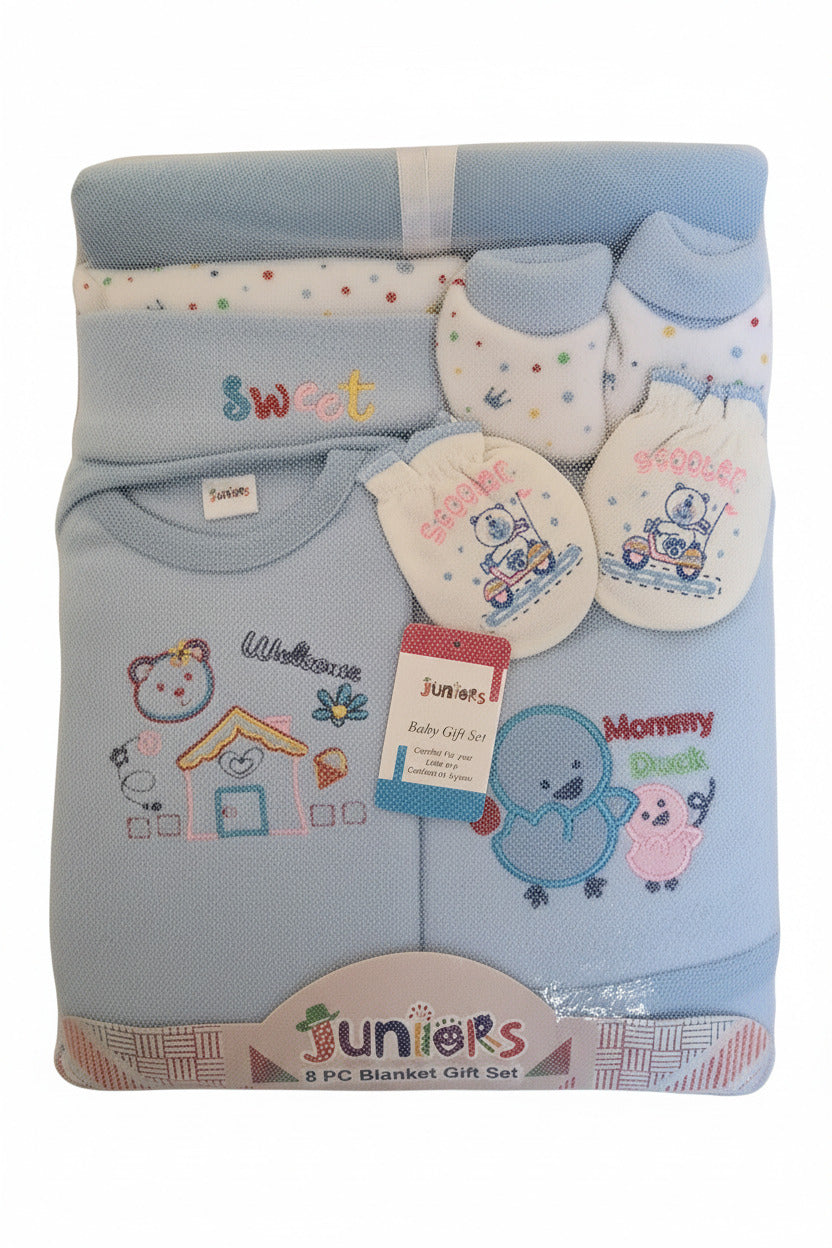 Juniors 8-Piece Newborn Baby Boy Gift Set – Blue "Mommy Duck" & Scooter Theme
