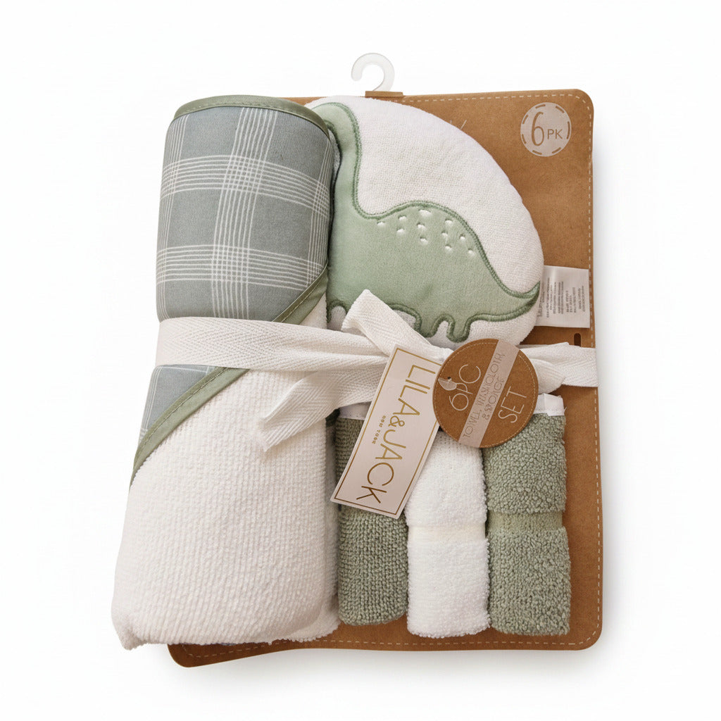 Lila & Jack 6-Piece Baby Bath Gift Set - Dinosaur Hooded Towel & Washcloths (Sage Green)