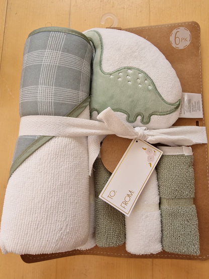 Lila & Jack 6-Piece Baby Bath Gift Set - Dinosaur Hooded Towel & Washcloths (Sage Green)