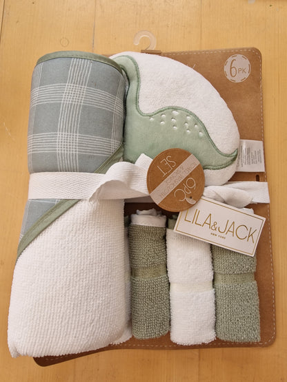 Lila & Jack 6-Piece Baby Bath Gift Set - Dinosaur Hooded Towel & Washcloths (Sage Green)