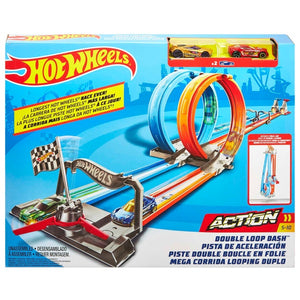 Hot Wheels Double Loop Dash Track Set & 2 Diecast Toy Cars