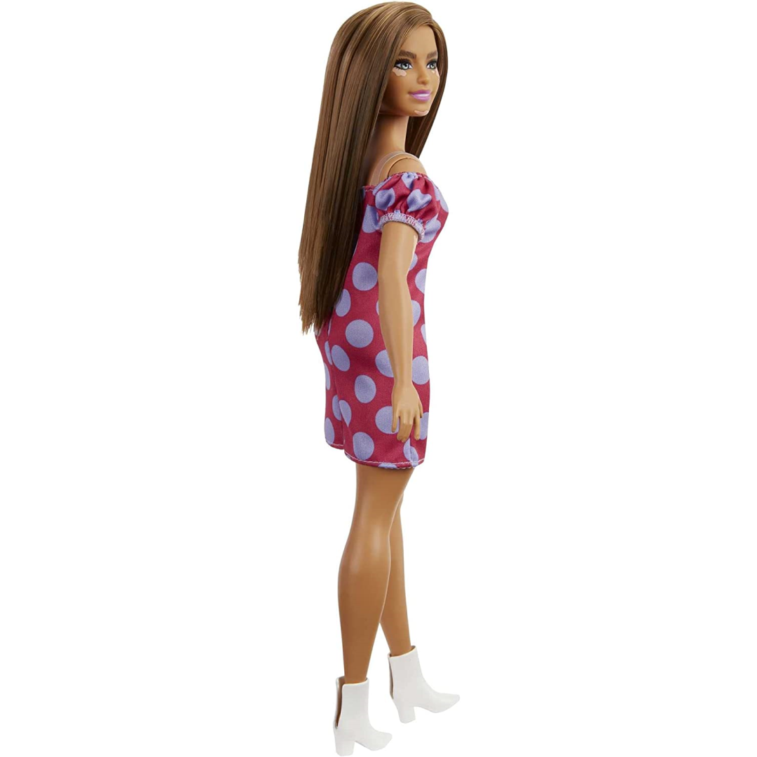 Barbie Fashionistas Doll Curvy Vitiligo Long Brunette Hair Polka Dot Dress