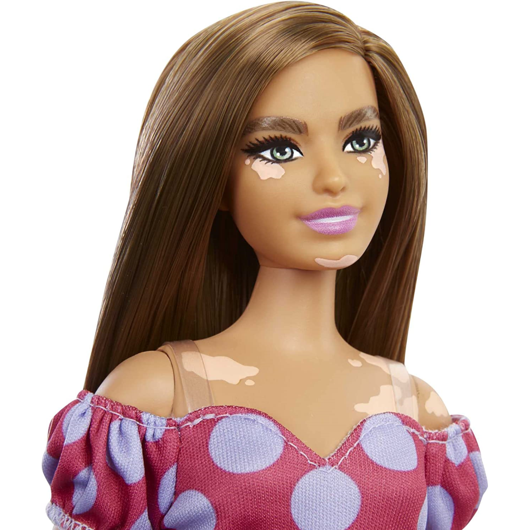 Barbie Fashionistas Doll Curvy Vitiligo Long Brunette Hair Polka Dot Dress