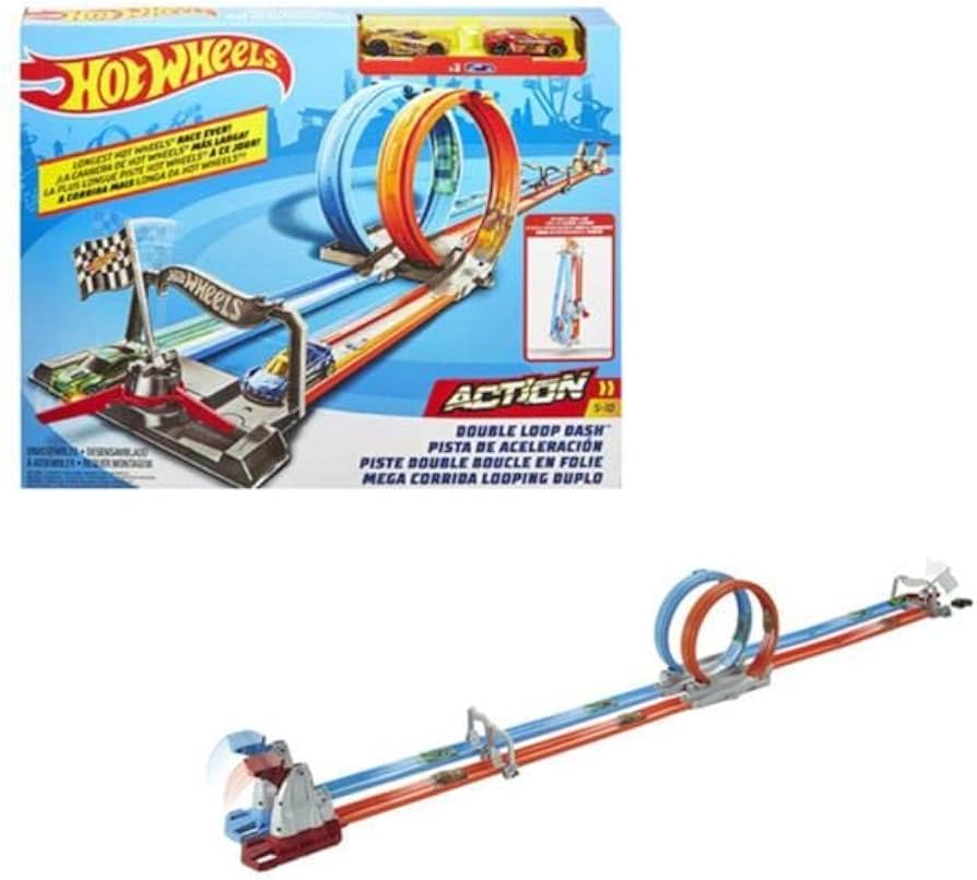 Hot Wheels Double Loop Dash Track Set & 2 Diecast Toy Cars