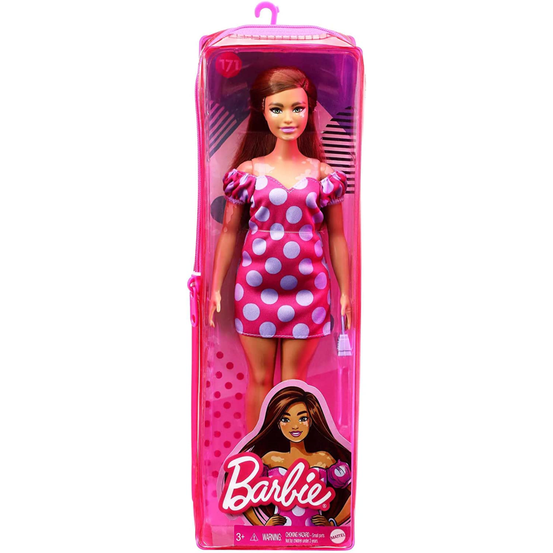 Barbie Fashionistas Doll Curvy Vitiligo Long Brunette Hair Polka Dot Dress