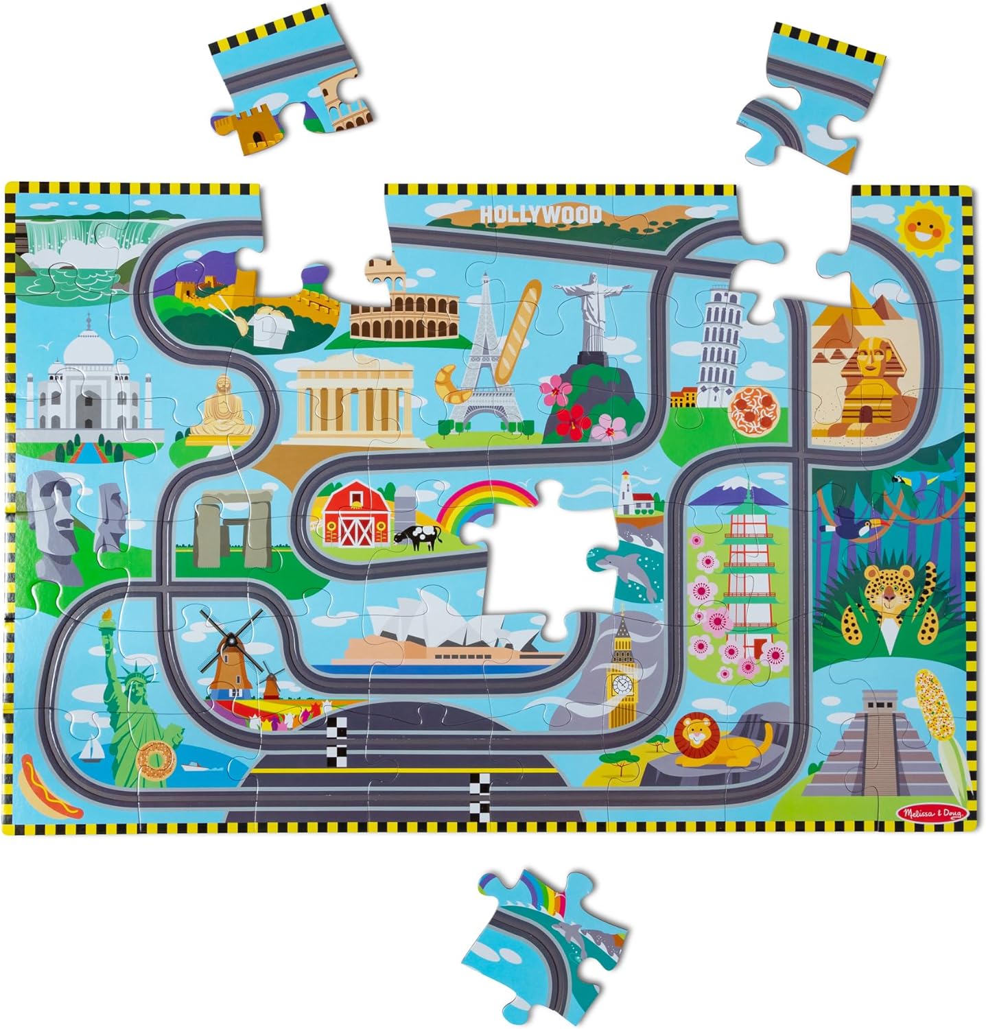 Melissa & Doug Race Around the World Tracks Cardboard Jigsaw Floor Puzzle and Wind-Up Vehicles