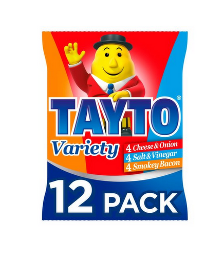 Tayto Crisps Assorted 12 X 25G 4 cheese 4 salt 4 smokey bacon