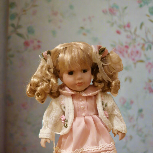 Beautiful 12  Inch Vintage Porcelain Doll  Boxed In Pink Dress
