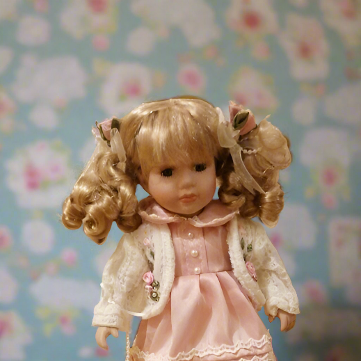 Beautiful 12  Inch Vintage Porcelain Doll  Boxed In Pink Dress