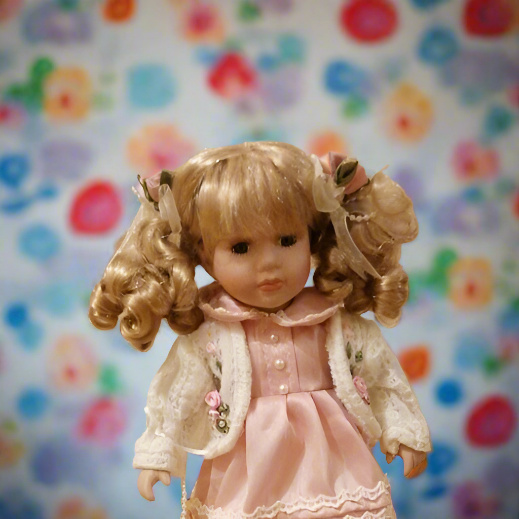 Beautiful 12  Inch Vintage Porcelain Doll  Boxed In Pink Dress
