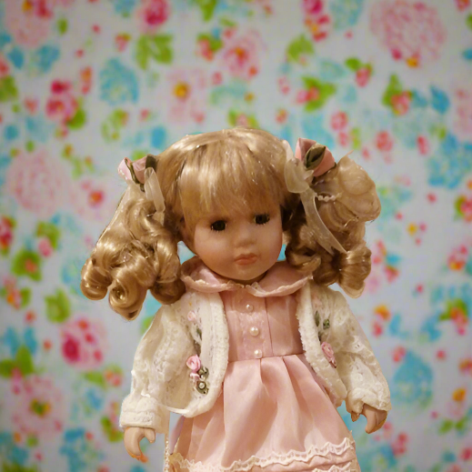 Beautiful 12  Inch Vintage Porcelain Doll  Boxed In Pink Dress