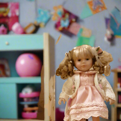 Beautiful 12  Inch Vintage Porcelain Doll  Boxed In Pink Dress