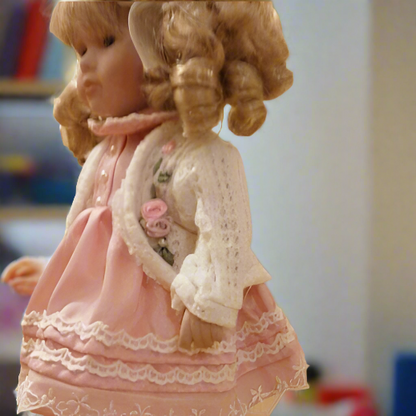 Beautiful 12  Inch Vintage Porcelain Doll  Boxed In Pink Dress