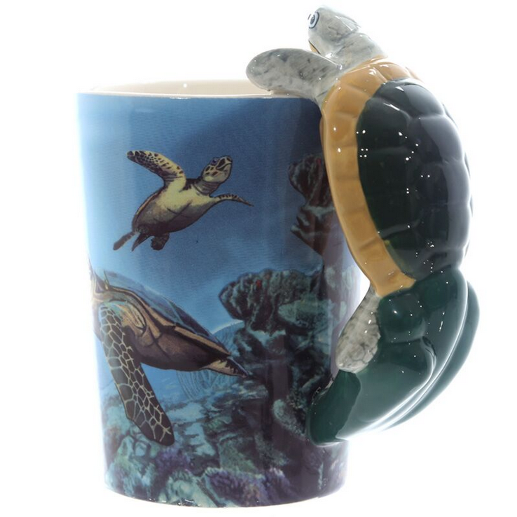 Turtle with Underwater Decal Ceramic Shaped Handle Mug