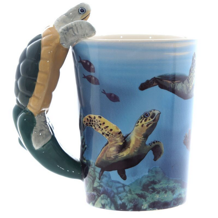 Turtle with Underwater Decal Ceramic Shaped Handle Mug