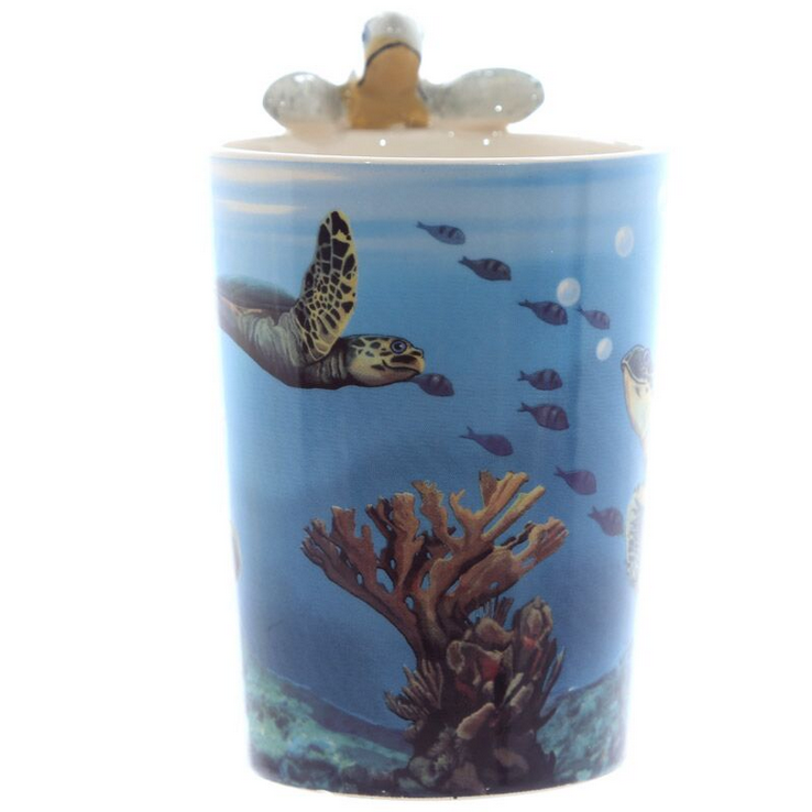 Turtle with Underwater Decal Ceramic Shaped Handle Mug