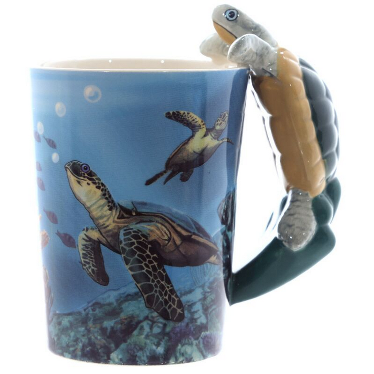 Turtle with Underwater Decal Ceramic Shaped Handle Mug