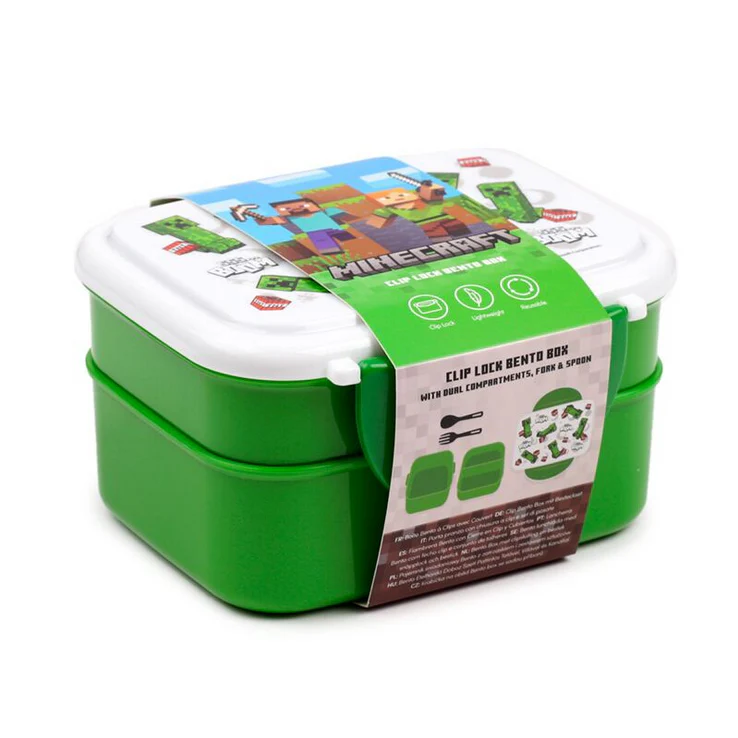 Minecraft Creeper & TNT Clip Lock Stacked Bento Lunch Box with Cutlery