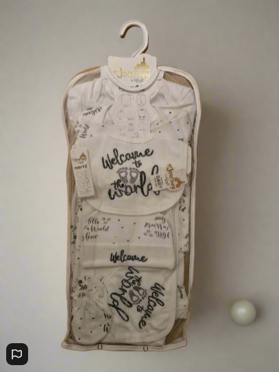 Welcome to the World" Footprint Design – 10-Piece Baby Gift Set (100% Cotton)