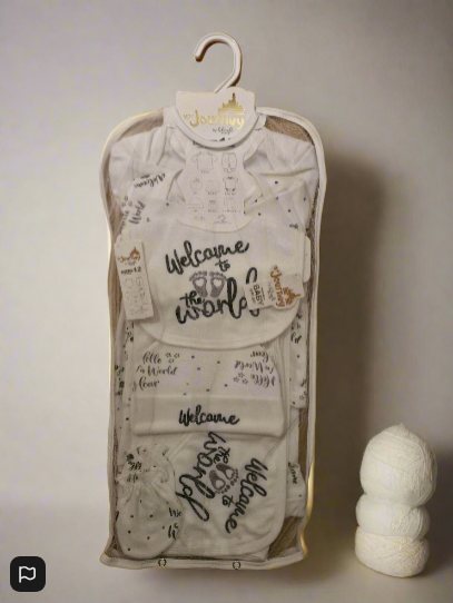 Welcome to the World" Footprint Design – 10-Piece Baby Gift Set (100% Cotton)
