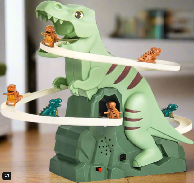 Electric Dinosaur Climbing Stairs Track Toy With Slide, Music, And LED Lights