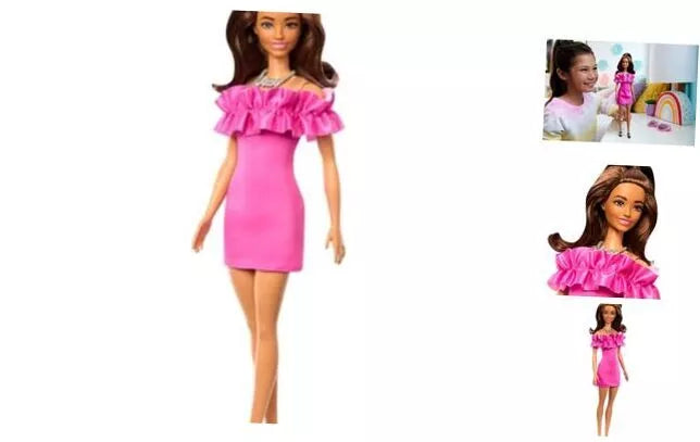 Barbie Fashionista Doll with Brown Wavy Hair and Pink Ruffle Dress