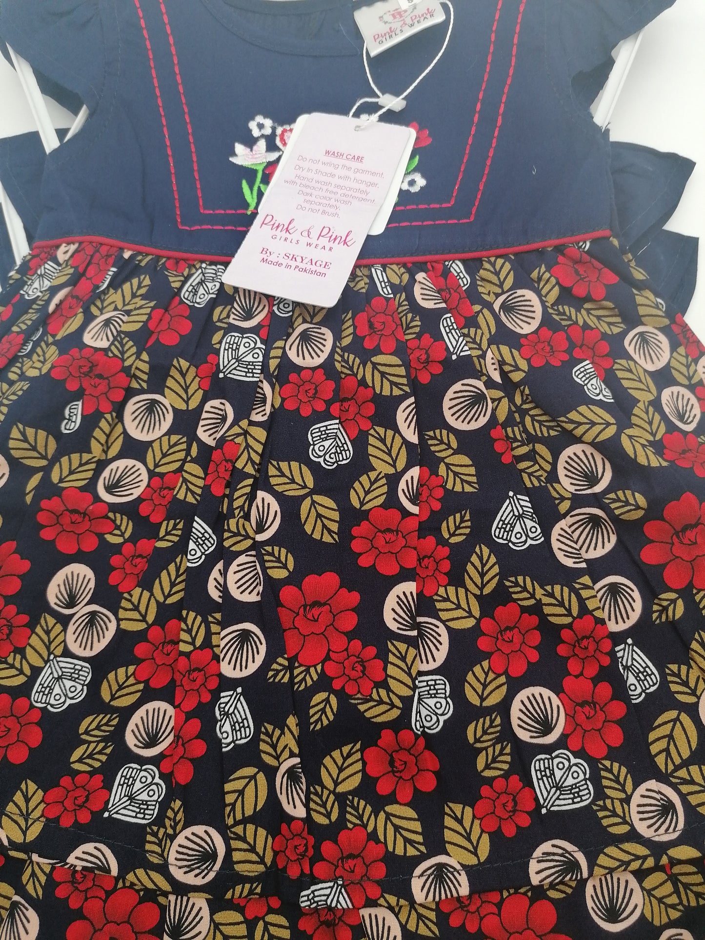 Girls Wear Black Or Navy Embroidered Cotton Flowery Dress Small Medium Or Large