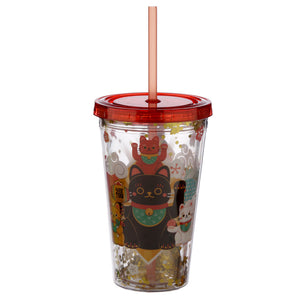 Lucky Cat Maneki Neko Double Walled Reusable Cup with Lid and Straw