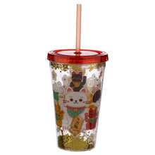 Load image into Gallery viewer, Lucky Cat Maneki Neko Double Walled Reusable Cup with Lid and Straw