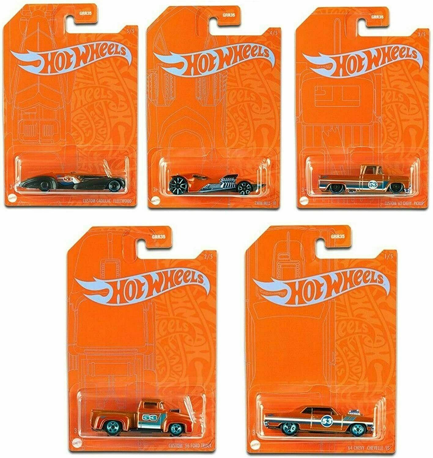 Hot Wheels 53rd Anniversary Orange and Blue Series Set of 5 Cars 1/64 Scale